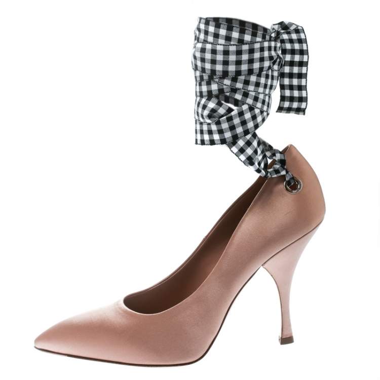 Pre Owned Miu Miu Beige Satin Ankle Wrap Pointed Toe Pumps Size 39