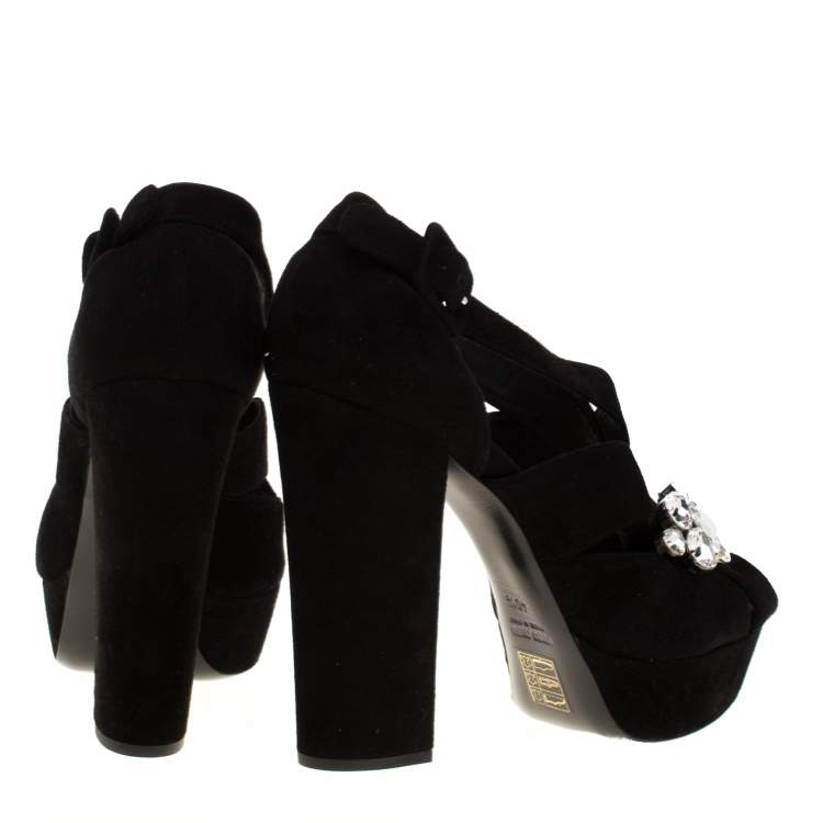 Pre Owned Miu Miu Black Velvet Crystal Embellished Platform Sandals Size 40.5