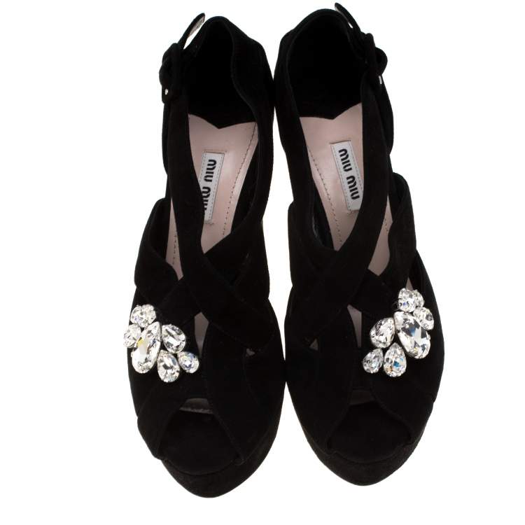 Pre Owned Miu Miu Black Velvet Crystal Embellished Platform Sandals Size 40.5