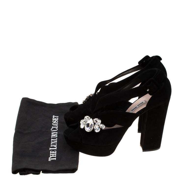 Pre Owned Miu Miu Black Velvet Crystal Embellished Platform Sandals Size 40.5