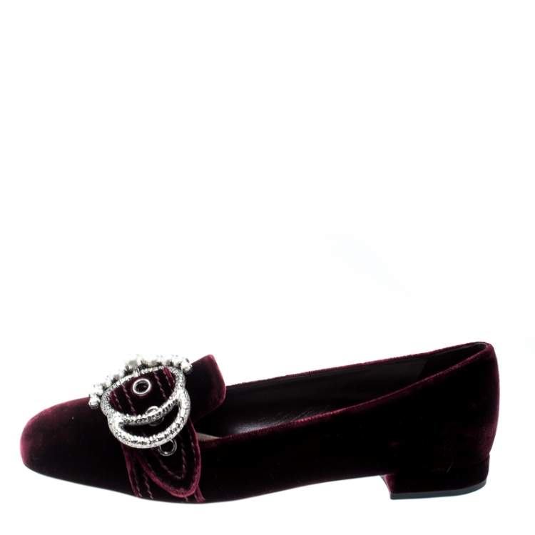 Pre Owned Miu Miu Burgundy Faux Pearl Velvet Flats Size 39
