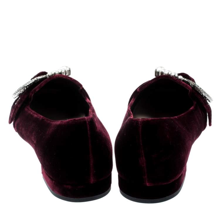 Pre Owned Miu Miu Burgundy Faux Pearl Velvet Flats Size 39