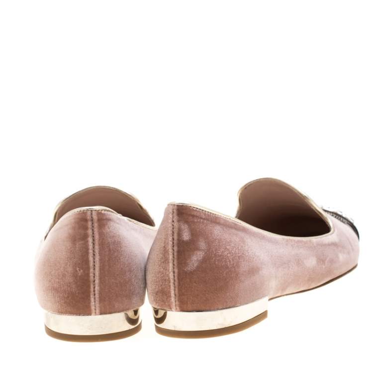 Pre Owned Miu Miu Pale Pink Velvet Crystal Embellished Cap Toe Smoking Slippers Size 37
