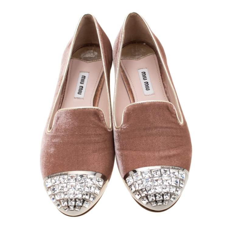 Pre Owned Miu Miu Pale Pink Velvet Crystal Embellished Cap Toe Smoking Slippers Size 37