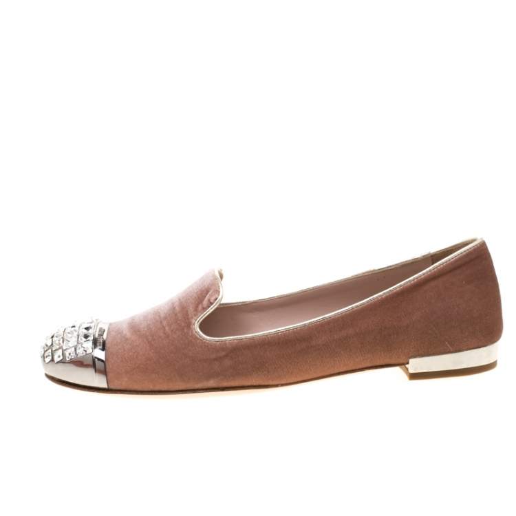 Pre Owned Miu Miu Pale Pink Velvet Crystal Embellished Cap Toe Smoking Slippers Size 37