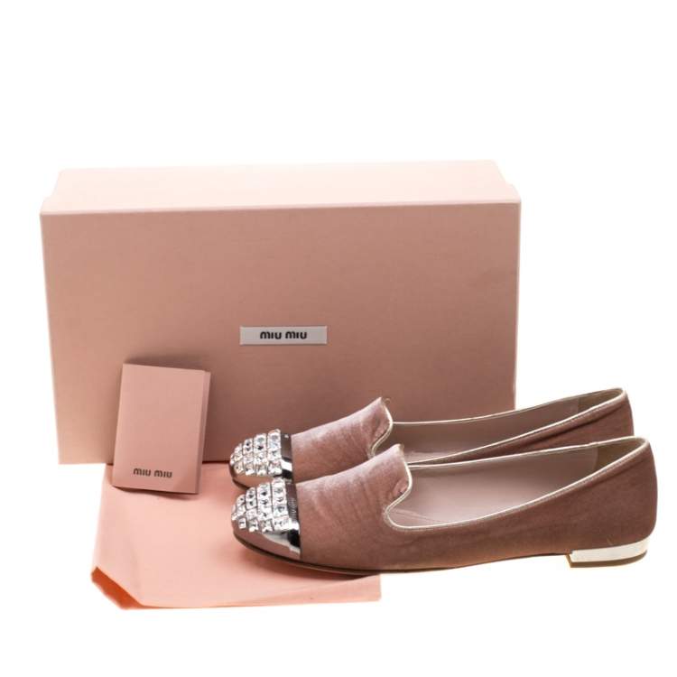 Pre Owned Miu Miu Pale Pink Velvet Crystal Embellished Cap Toe Smoking Slippers Size 37