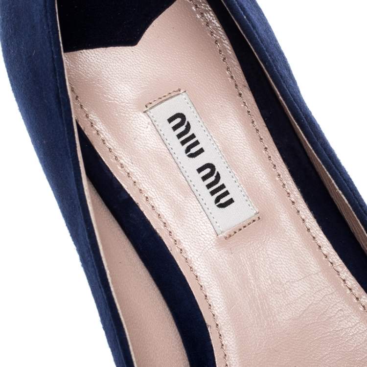 Pre Owned Miu Miu Navy Blue Suede Bow Detail Embellished Loafers Size 40