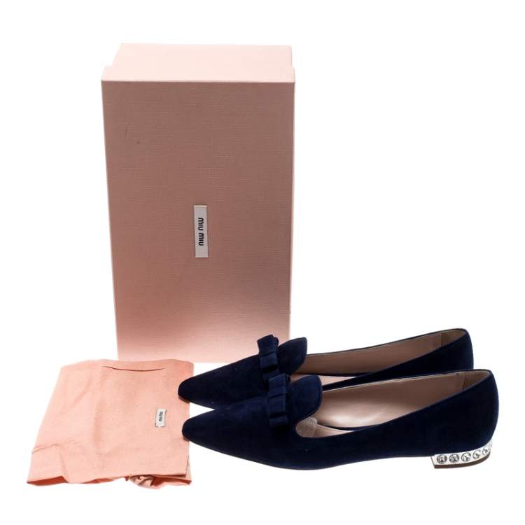 Pre Owned Miu Miu Navy Blue Suede Bow Detail Embellished Loafers Size 40