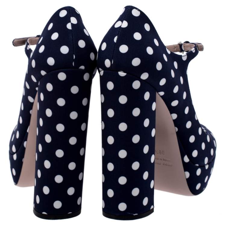 مملوكة مسبقًا Miu Miu Blue Polka Dot Canvas Mary Jane Platform Ankle Strap Pumps Size 39.5 