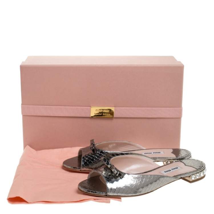 Pre Owned Miu Miu Silver Python Embossed Leather Crystal Embellished Slide Sandals Size 36.5