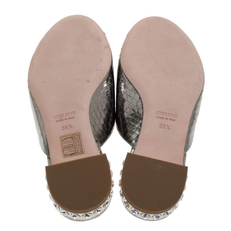 Pre Owned Miu Miu Silver Python Embossed Leather Crystal Embellished Slide Sandals Size 36.5