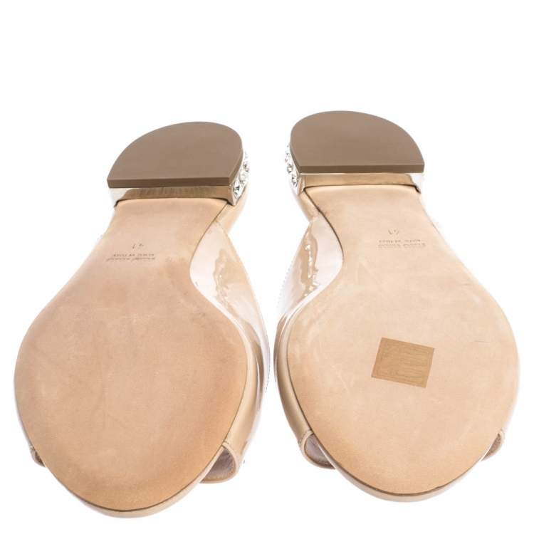 Pre Owned Miu Miu Beige Patent Leather Bow Detail Jeweled Heel Slide Flats Size 41