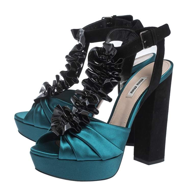 مملوكة مسبقًا Miu Miu Multicolor Satin, Suede and Ruffled Patent Leather Platform Ankle Strap Sandals Size 41