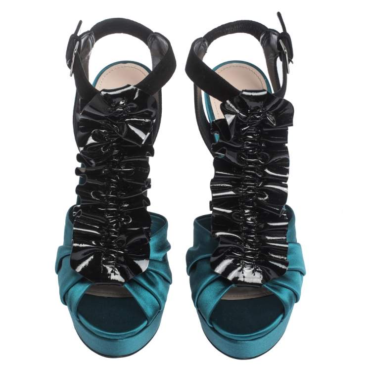 مملوكة مسبقًا Miu Miu Multicolor Satin, Suede and Ruffled Patent Leather Platform Ankle Strap Sandals Size 41