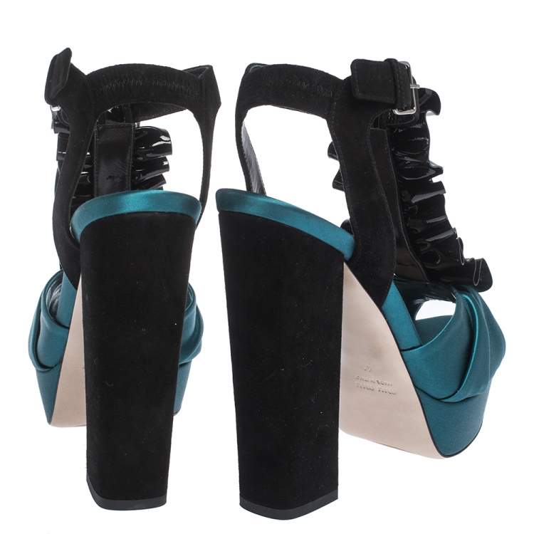 مملوكة مسبقًا Miu Miu Multicolor Satin, Suede and Ruffled Patent Leather Platform Ankle Strap Sandals Size 41