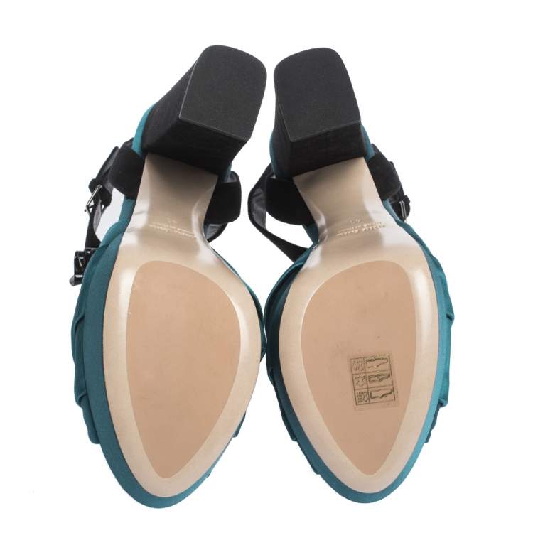 مملوكة مسبقًا Miu Miu Multicolor Satin, Suede and Ruffled Patent Leather Platform Ankle Strap Sandals Size 41