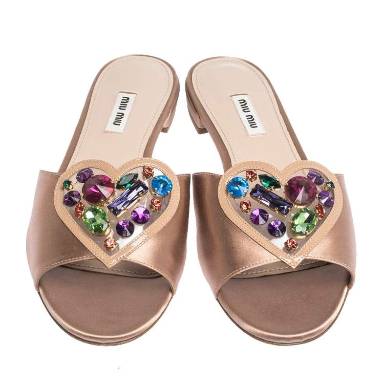 Pre Owned Miu Miu Beige Satin And PVC Crystal Embellished Flat Slides Size 40