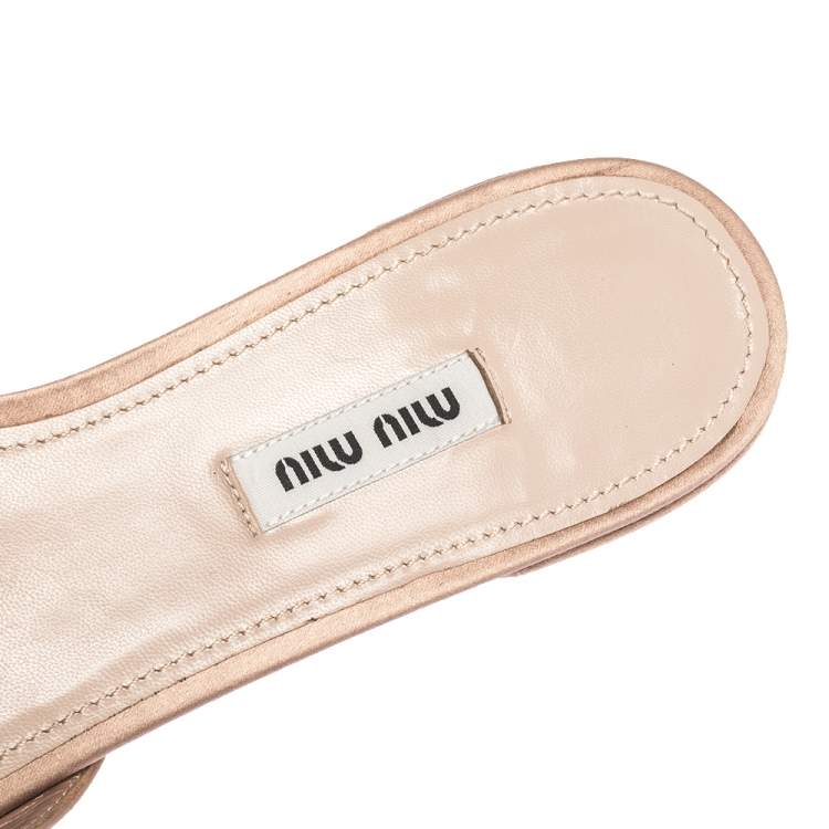 Pre Owned Miu Miu Beige Satin And PVC Crystal Embellished Flat Slides Size 40