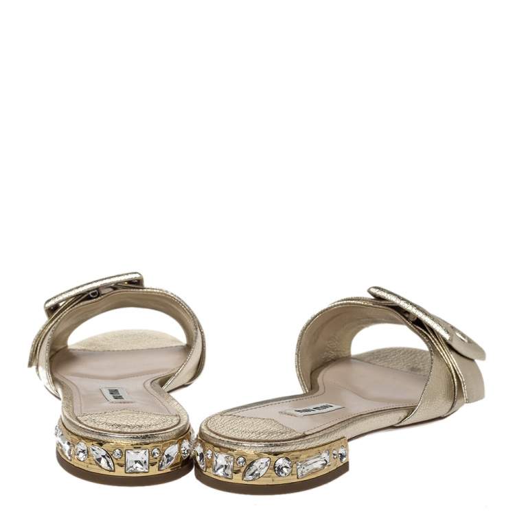 Pre Owned Miu Miu Metallic Gold Leather Buckle And Jeweled Heel Slide Flats Size 37