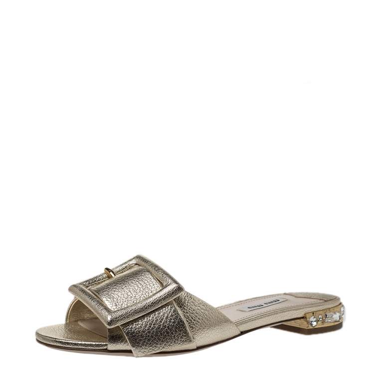 Pre Owned Miu Miu Metallic Gold Leather Buckle And Jeweled Heel Slide Flats Size 37