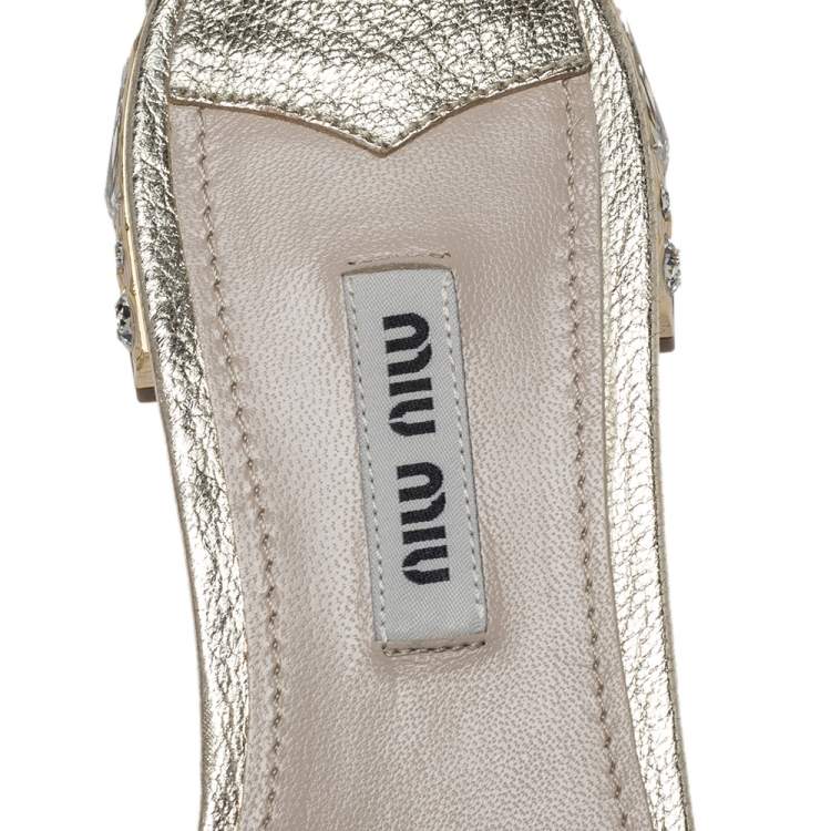 Pre Owned Miu Miu Metallic Gold Leather Buckle And Jeweled Heel Slide Flats Size 37