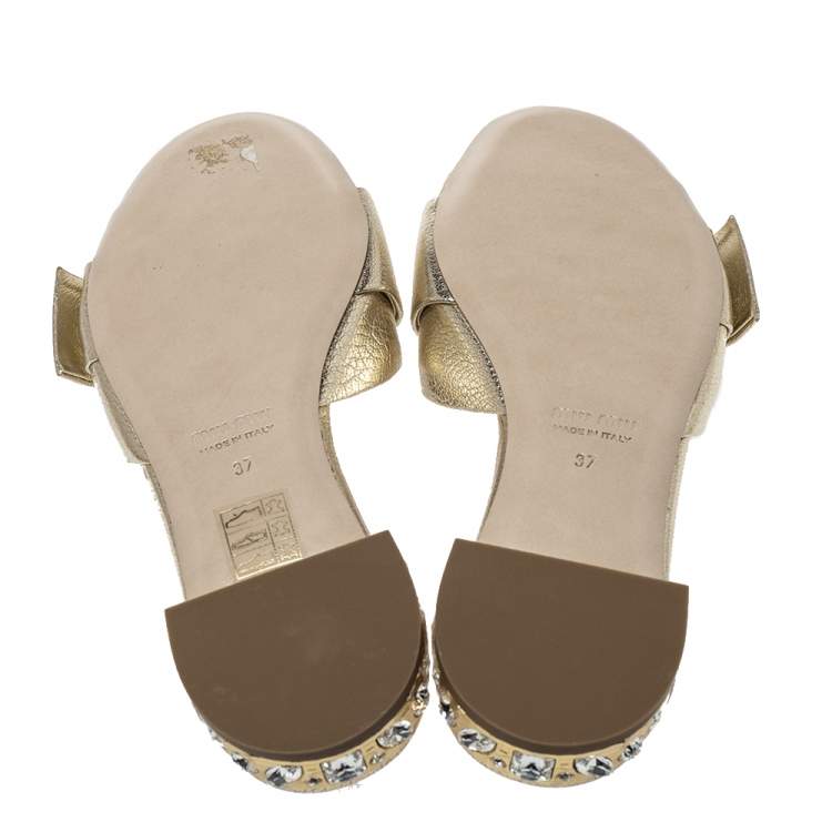 Pre Owned Miu Miu Metallic Gold Leather Buckle And Jeweled Heel Slide Flats Size 37