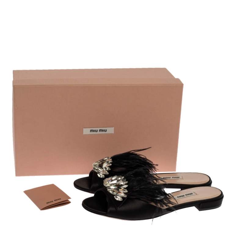 Pre Owned Miu Miu Black Satin Feather and Crystal Embellished Slide Flats Size 38