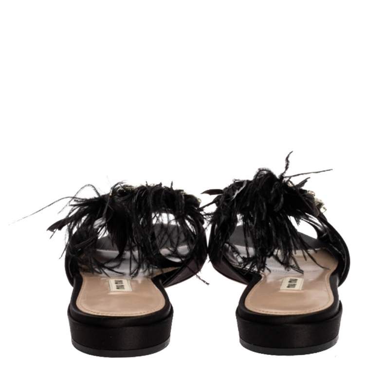 Pre Owned Miu Miu Black Satin Feather and Crystal Embellished Slide Flats Size 38