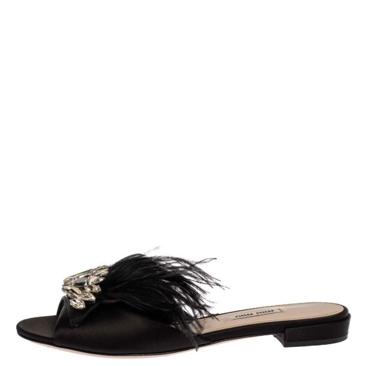 Pre Owned Miu Miu Black Satin Feather and Crystal Embellished Slide Flats Size 38