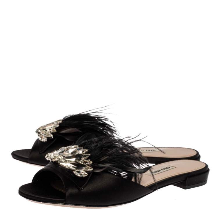 Pre Owned Miu Miu Black Satin Feather and Crystal Embellished Slide Flats Size 38