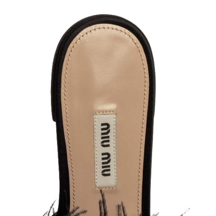 Pre Owned Miu Miu Black Satin Feather and Crystal Embellished Slide Flats Size 38