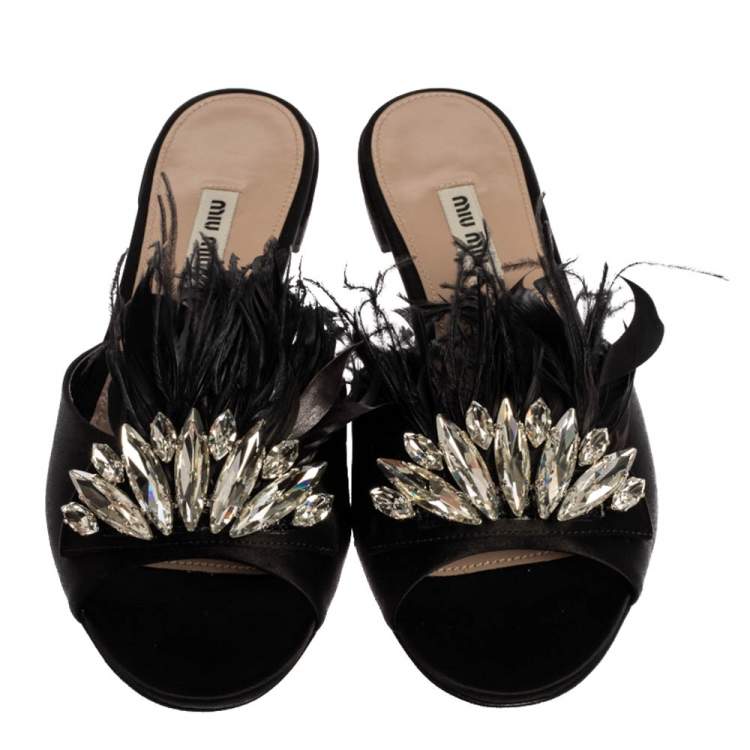 Pre Owned Miu Miu Black Satin Feather and Crystal Embellished Slide Flats Size 38