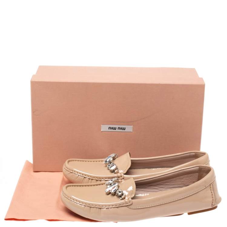 Pre Owned Miu Miu Beige Patent Leather Crystal Embellished Loafers Size 39