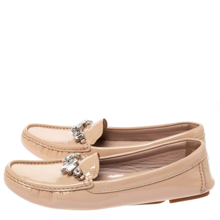 Pre Owned Miu Miu Beige Patent Leather Crystal Embellished Loafers Size 39