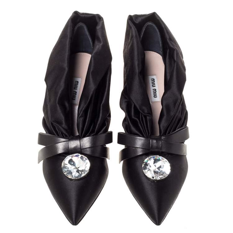 Pre Owned Miu Miu Black Ruched Satin Crystal Bow Embellished Pointed Toe Pumps Size 41