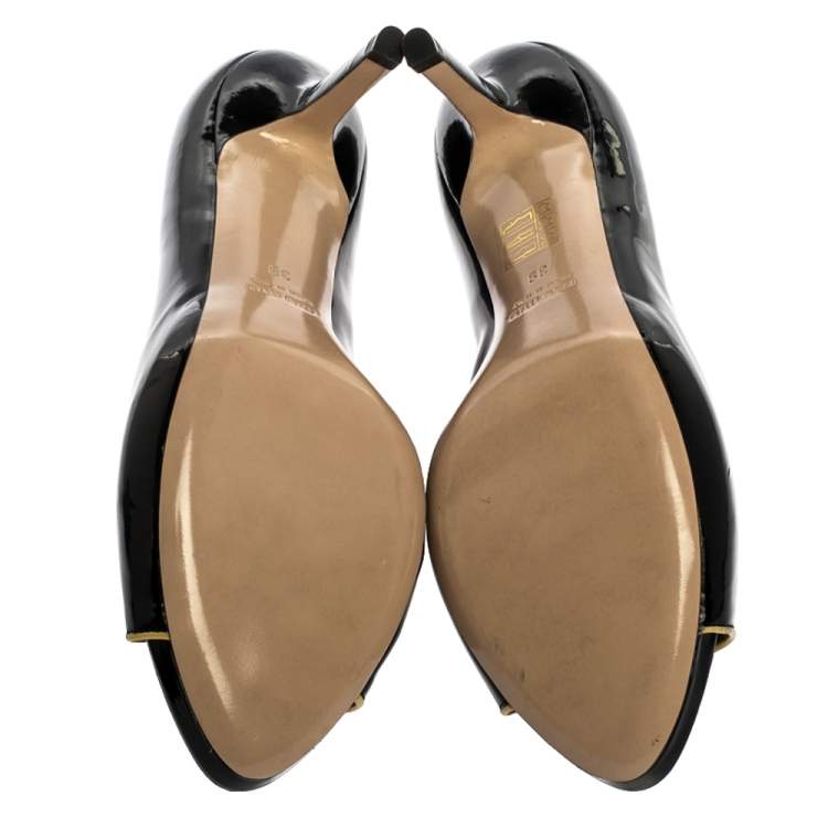 Pre Owned Miu Miu Black/Yellow Patent Leather Open Toe Pumps Size 39
