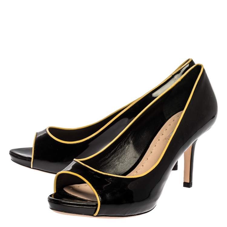 Pre Owned Miu Miu Black/Yellow Patent Leather Open Toe Pumps Size 39