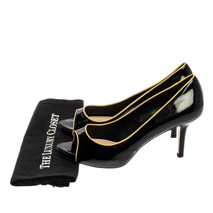 Pre Owned Miu Miu Black/Yellow Patent Leather Open Toe Pumps Size 39
