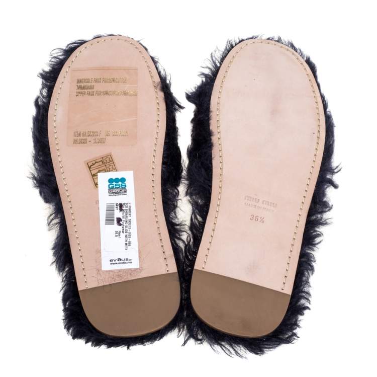 Pre Owned Miu Miu Navy Blue Faux Fur Eco Shearling Flat Slides Size 36.5