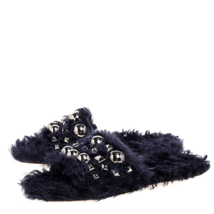 Pre Owned Miu Miu Navy Blue Faux Fur Eco Shearling Flat Slides Size 36.5