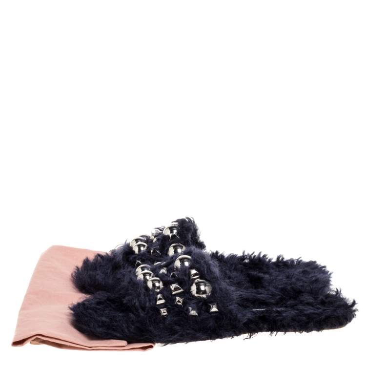Pre Owned Miu Miu Navy Blue Faux Fur Eco Shearling Flat Slides Size 36.5
