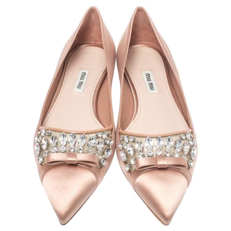 Pre Owned Miu Miu Beige Satin Crystal Embellished Bow Ballet Flats Size 38