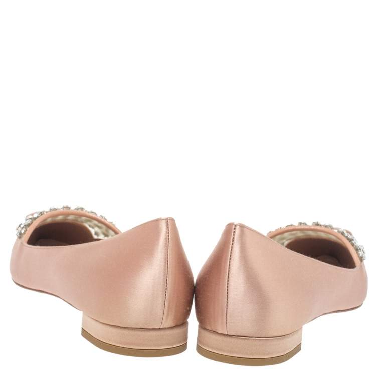 Pre Owned Miu Miu Beige Satin Crystal Embellished Bow Ballet Flats Size 38
