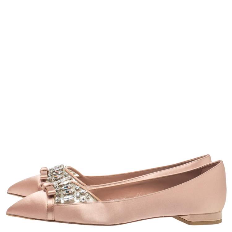 Pre Owned Miu Miu Beige Satin Crystal Embellished Bow Ballet Flats Size 38