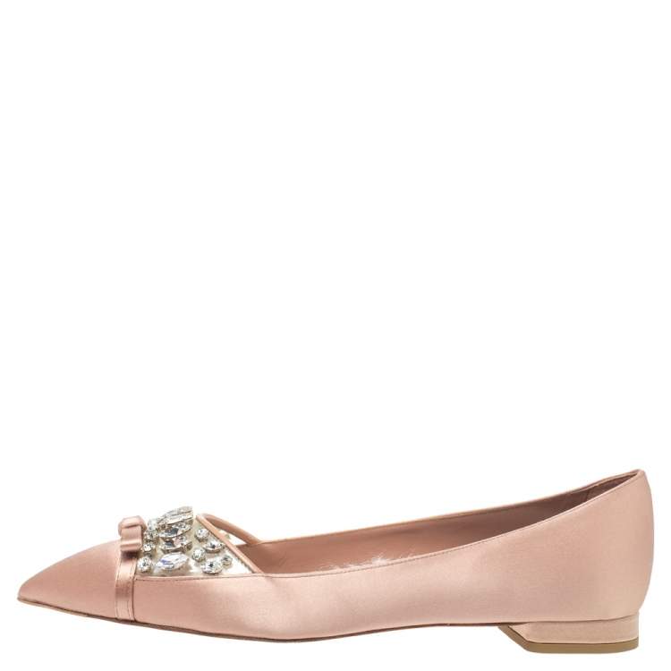 Pre Owned Miu Miu Beige Satin Crystal Embellished Bow Ballet Flats Size 38