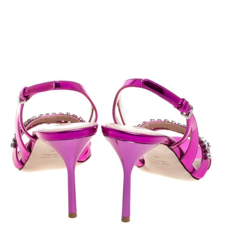 مملوكة مسبقًا Miu Miu Purple Leather Crystal Embellished Slingback Sandals Size 40