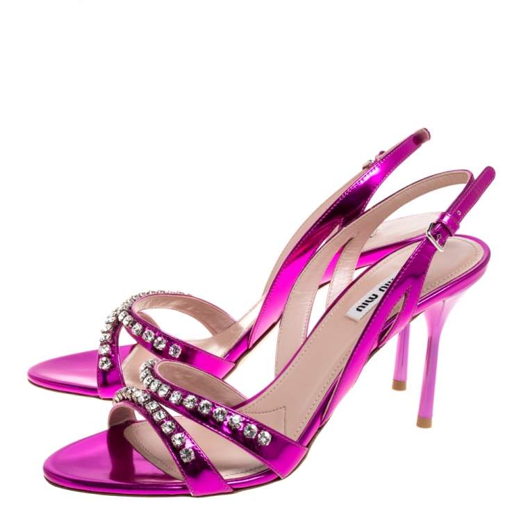 مملوكة مسبقًا Miu Miu Purple Leather Crystal Embellished Slingback Sandals Size 40