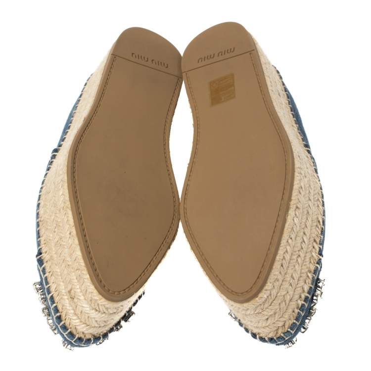Pre Owned Miu Miu Blue Denim Fabric Crystal Embellished Platform Espadrilles Flats Size 35