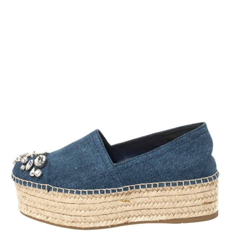 Pre Owned Miu Miu Blue Denim Fabric Crystal Embellished Platform Espadrilles Flats Size 35