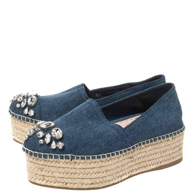 Pre Owned Miu Miu Blue Denim Fabric Crystal Embellished Platform Espadrilles Flats Size 35